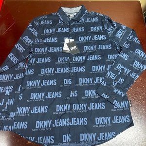 DKNY Mens Blue Long Sleeve Collared Stretch All Over Button Front Shirt Size L
